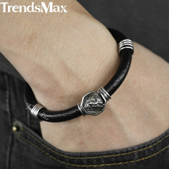 Men's Genuine Leather Bracelet Stainless Steel