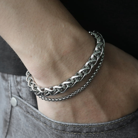 Men's Bracelet Double Chain Bracelet Silver Stainless Steel