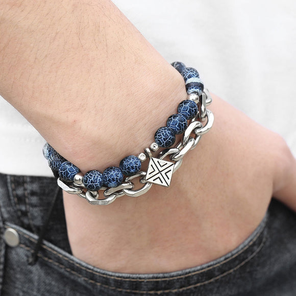 Blue Natural Stone Men's Beaded Bracelet Stainless Steel