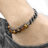Men's Tiger Eye Stone Beaded Bracelet Gunmetal Stainless Steel