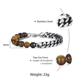 Men's Tiger Eye Stone Beaded Bracelet Gunmetal Stainless Steel