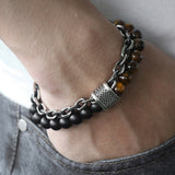 Men's Tiger Eye Stone Beaded Bracelet Stainless Steel