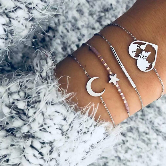 Multilayer Moon Star Heart Silver Chain Bracelet for Women